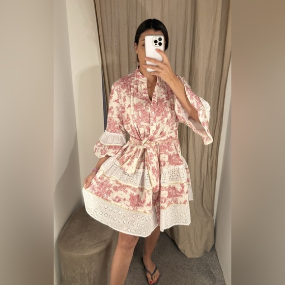 PEP’S Cannes Red Toile de Jouy Ruffle Lace Mini Dress Made in France O/S $475 - Picture 1 of 11